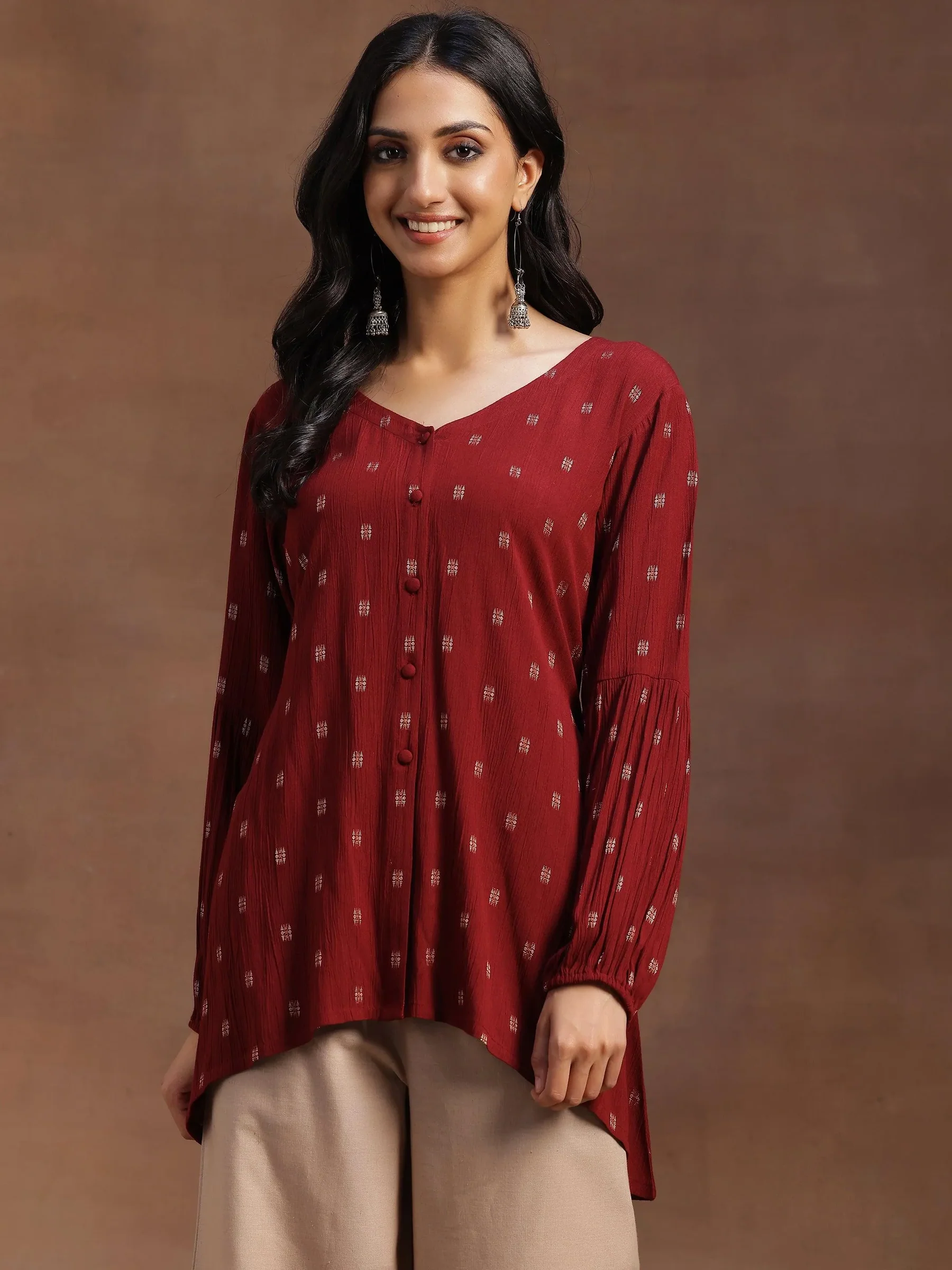 1_570e7174-d328-4d1d-a277-d8236897ee7e.webp Maroon Woven Design Viscose Rayon A-line Kurti - Image 1