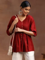 Red Woven Design Silk Blend A-Line Kurti