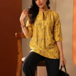 Yellow Printed Silk Blend Straight Short Kurti