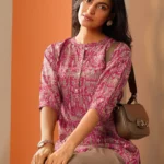 Pink Printed Silk Blend Straight Short Kurti