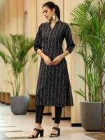 Black Woven Design Cotton Straight Kurta - Image 2