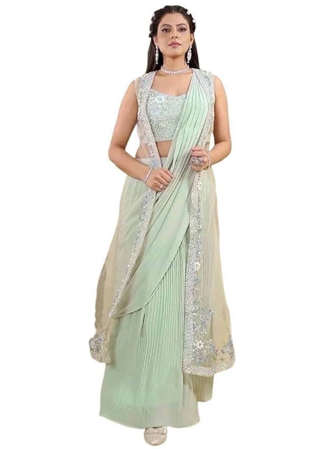 51A1IXh-YaL._SY879_.jpg Ready to Wear Saree with Shrug Jacket for Women | Georgette One Minute Saree with Stitched Blouse | Stylish Saree Gown for Weddings and Festive Celebrations - Image 1
