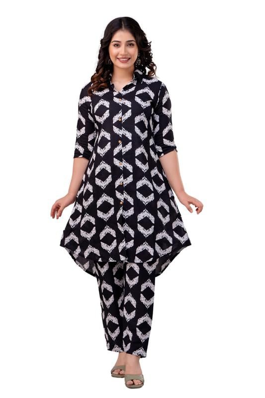 51kBHRiZQyL.jpg Women's Printed Black Cord-Set Kurta with Pant, Easy to Wear, Lightweight, Breathable, Stylish & Comfortable, All-Day Comfort and Durability_S - Image 1