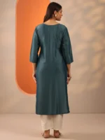 Grey Embroidered Silk Blend Straight Kurta - Image 3