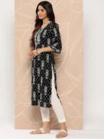 Black Embellished Cotton Straight Kurta - Image 2